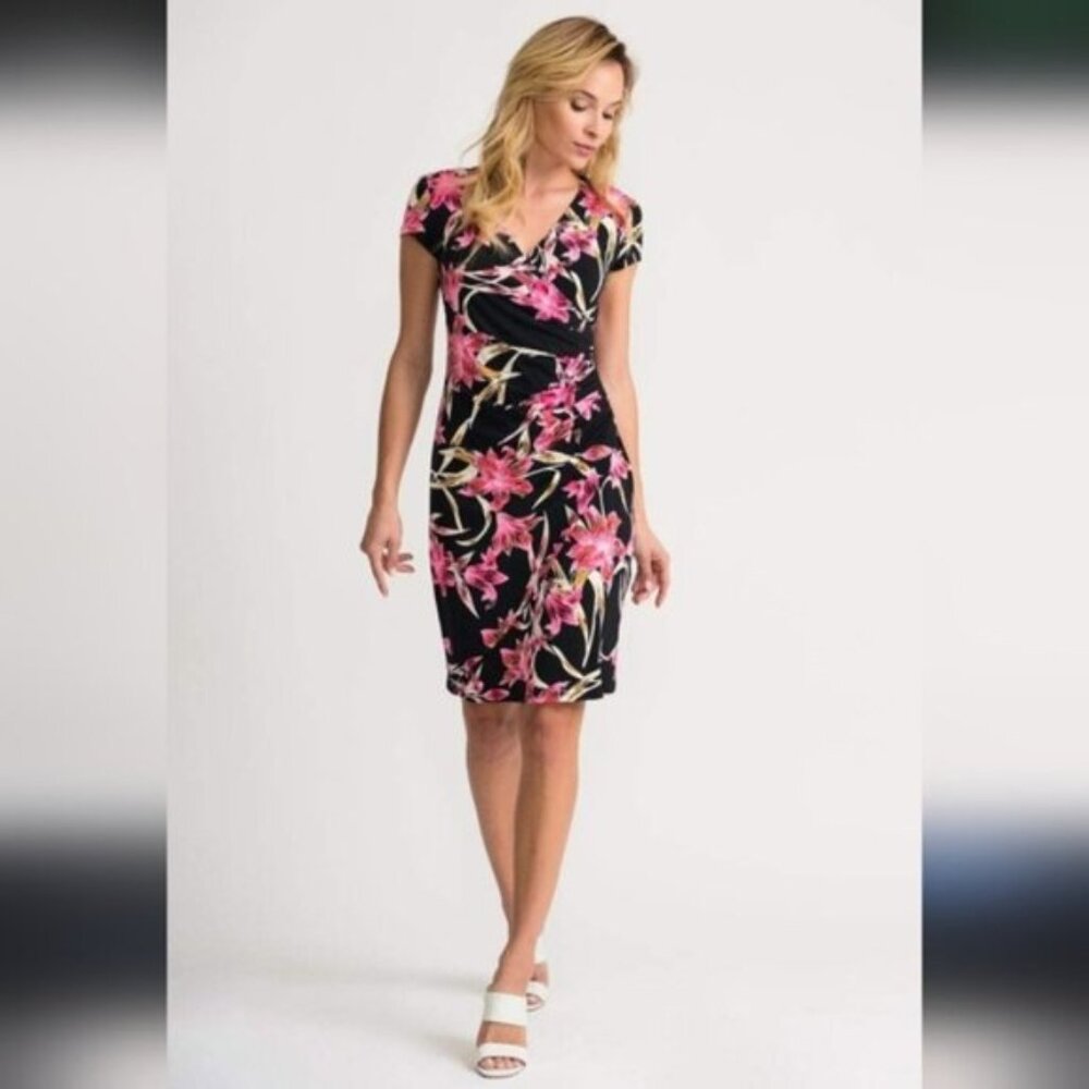 Joseph Ribkoff Black Midi Dress with Pink Floral Print
